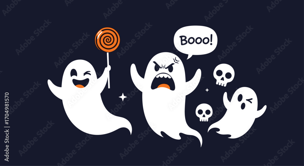 Naklejka premium Cute happy and angry ghosts celebrating halloween with candy and skulls.