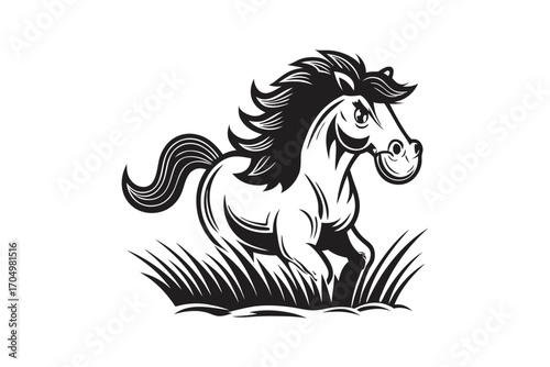 Galloping Horse on Grass with Bold Black Lines, On White