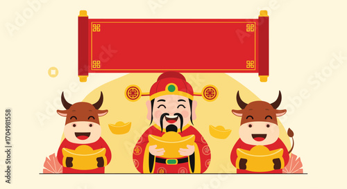 Wealth god celebrates the year of the ox with prosperity and good fortune.