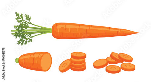 Fresh orange carrots shown whole and sliced into pieces.