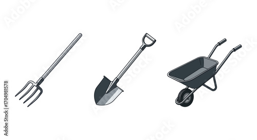 Gardening tools including a pitchfork shovel and wheelbarrow for outdoor work.