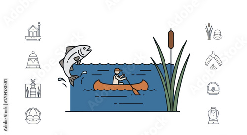 Man in a canoe surprised by a large jumping fish.