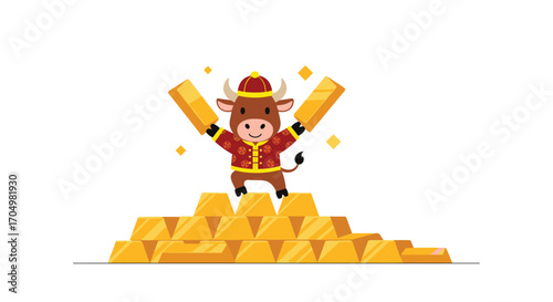 A cartoon ox in traditional Chinese clothing stands on a pile of gold bars holding two gold bars.