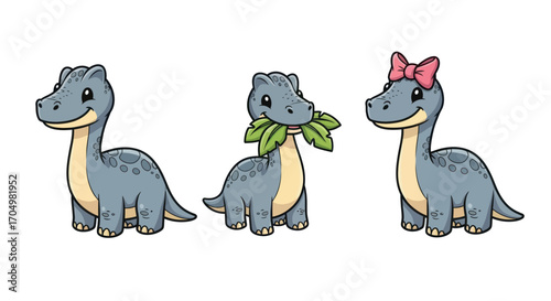 Set of three cute cartoon brachiosaurus dinosaur characters.