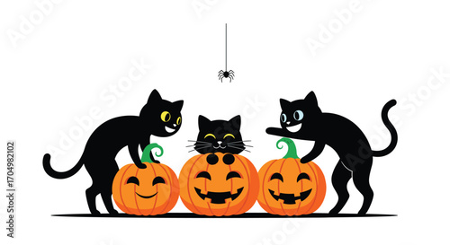 Three black cats with pumpkins on halloween.