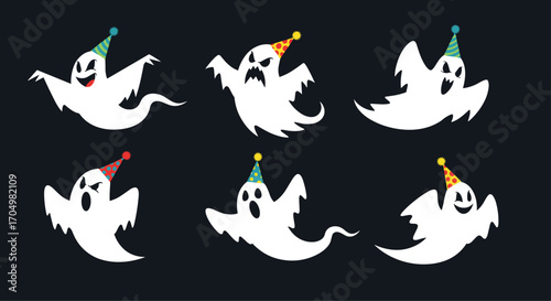 Six cute cartoon ghosts wearing party hats having fun.