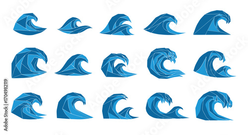 Set of various blue ocean sea wave illustrations.