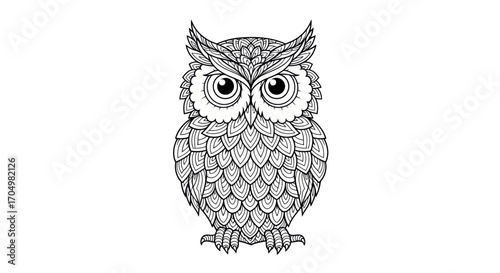 Detailed Black and White Owl Illustration with Intricate Feather Patterns.