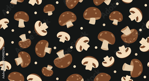 A whimsical pattern featuring scattered cartoon mushrooms on a dark background.