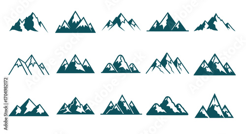 Collection of stylized mountain peaks graphic design elements.