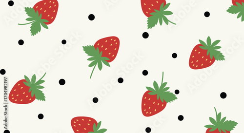 Sweet red strawberries with green leaves scattered on a cream background with black polka dots.