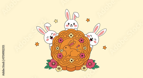 Cute cartoon rabbits celebrate moon festival with sweet pastry.