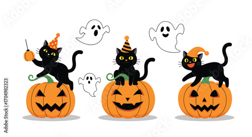 Cute black cats celebrating halloween with pumpkins and ghosts.