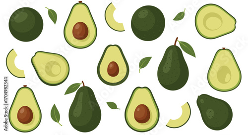 Fresh green avocados with leaves and slices arranged in a pattern.