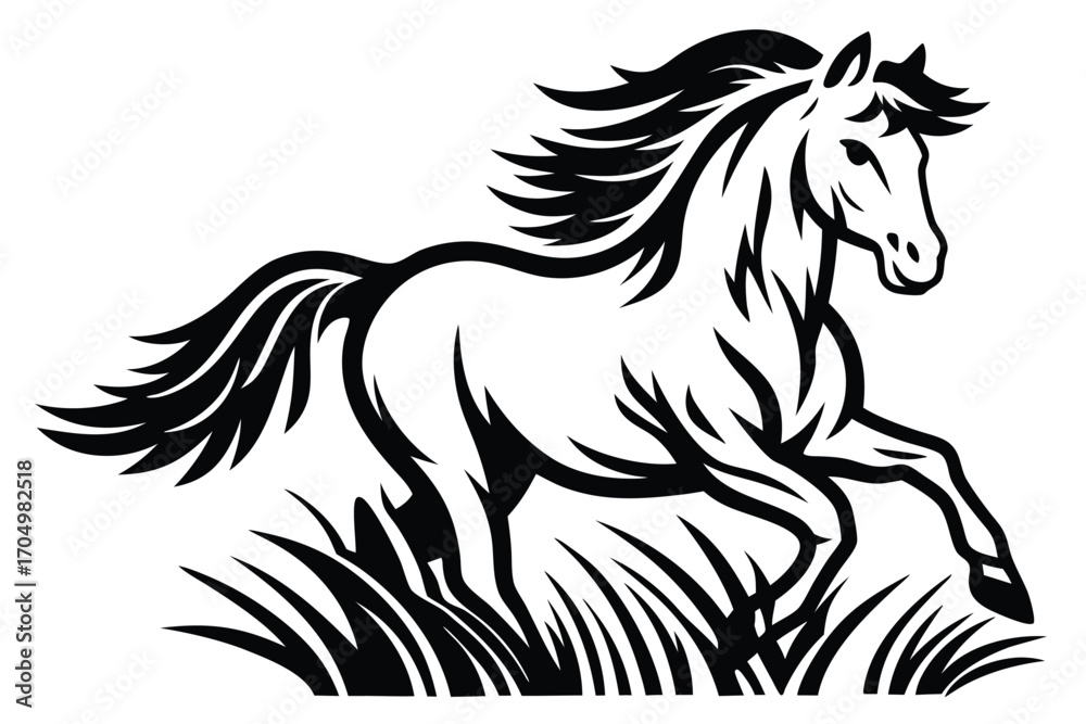 Fototapeta premium Galloping Horse Silhouette with Mane in the Wind Isolated on White Background