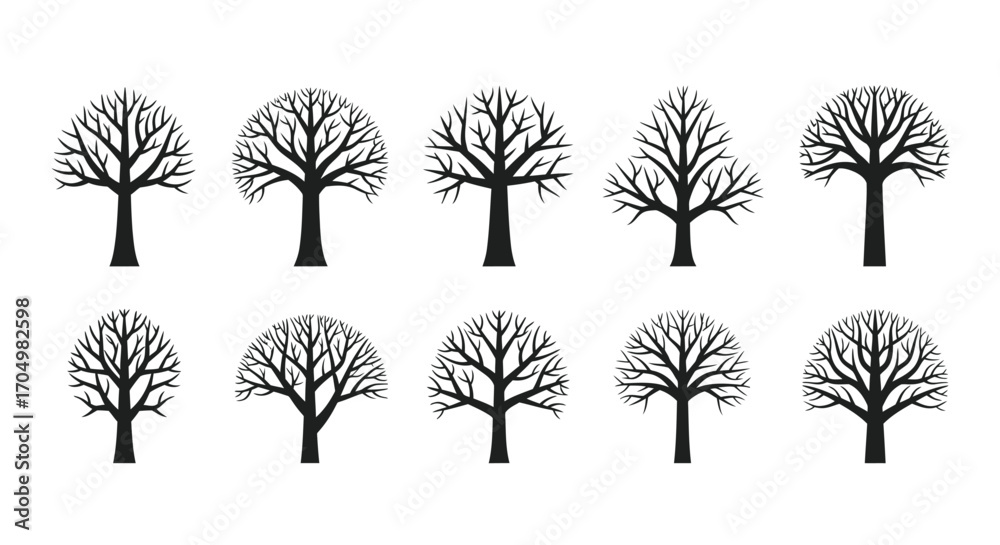 Fototapeta premium Collection of diverse bare tree silhouettes in black and white.