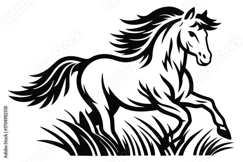 Galloping Horse Silhouette with Mane in the Wind Isolated on White Background