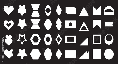 Basic geometric shapes kids, black cute line and flat icons set, cartoon characters isolated on black background. Education and children game. Geometric primitives vector collection. 