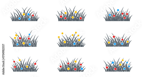 Set of nine colorful floral borders with grass and flowers.