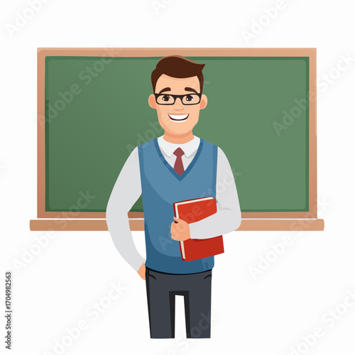  Vector illustration of male teacher wearing glasses standing in front of chalkboard holding a book.