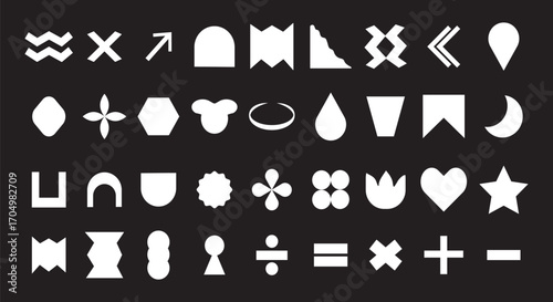 Basic geometric shapes kids, black cute line and flat icons set, cartoon characters isolated on black background. Education and children game. Geometric primitives vector collection. 