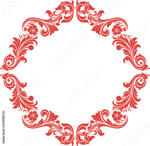 Elegant Red Floral Scrollwork Design Border Element Decorative	