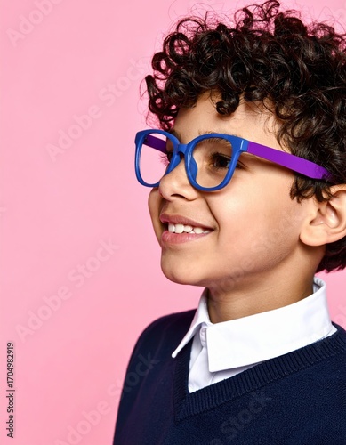 Smiling young caucasian male child with curly hair and blue glasses