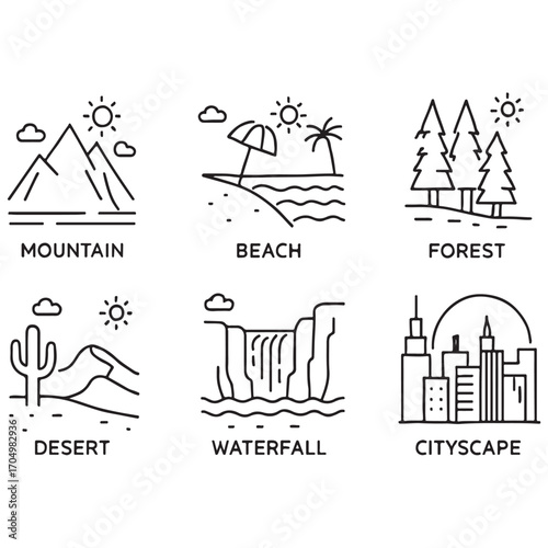 natural and urban scenery, mountain, beach, forest, desert, waterfall, 
cityscape, canyon vector