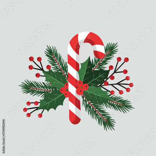 Candy cane with holly leaves and red berries Christmas decoration with pine branches vector illustration 