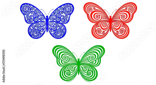 Three Ornate Decorative Butterflies in Blue Red and Green Colors.