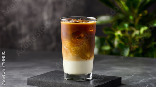 Iced latte coffee drink with milk swirling in clear glass on dark surface with green plant background