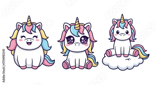 Collection of three cute kawaii unicorn cartoon characters.