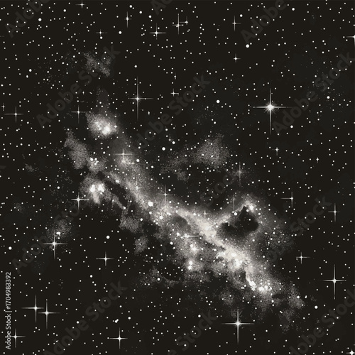 Deep space scene background in stippling style with amazing huge nebula and glowing stars cluster in universe
