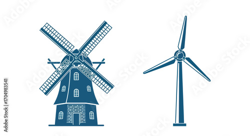 Traditional Dutch windmill and modern wind turbine side by side comparison.