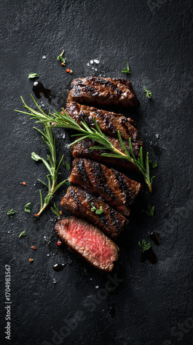 Grilled medium rare steak slices garnished with fresh rosemary and herbs on dark textured surface, appetizing and savory