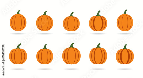 Collection of ten stylized orange pumpkins with green stems in flat design.