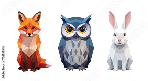 Set of three low poly forest animals fox owl and rabbit.