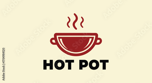 Red hot pot logo with steaming bowl, simple and modern design.
