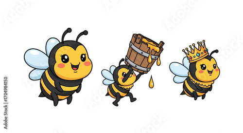 Set of three cute cartoon honey bee characters.