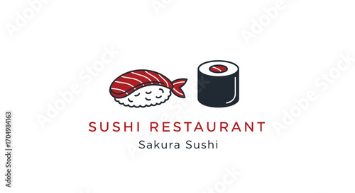 Logo for Sakura Sushi restaurant, featuring nigiri and maki sushi illustrations.