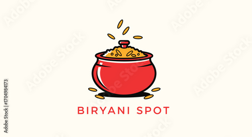 Illustrated logo for 'Biryani Spot' featuring a red cooking pot overflowing with steaming hot yellow rice on a plain background.
