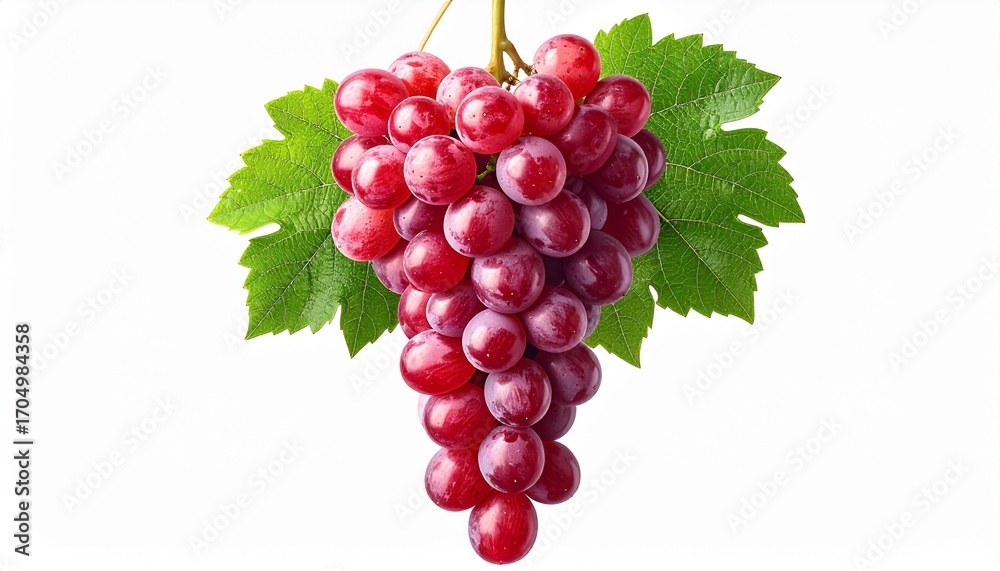 Fototapeta premium Vibrant Red Grapes: A fresh bunch of juicy, ripe red grapes with vibrant color, ready to be enjoyed. Featuring beautiful green leaves for added visual appeal. 