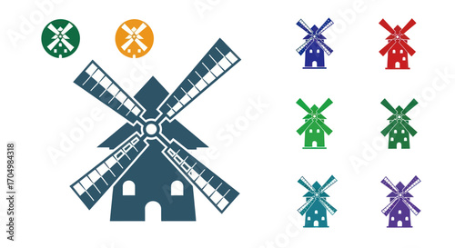 Collection of Stylized Windmill Graphics and Icons in Multiple Colors.