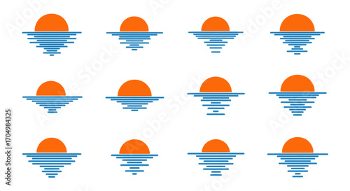 Set of stylized sunrise and sunset icons over water reflection.
