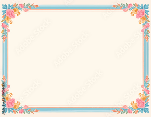 Vintage-inspired floral border featuring delicate pink and orange roses on a light blue rectangular frame with ample copy space for text