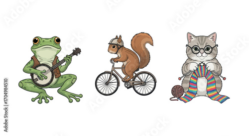 Frog playing banjo squirrel on bike cat knitting with glasses.