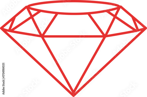 A Simple Red Outline Drawing of a Faceted Diamond Gemstone	