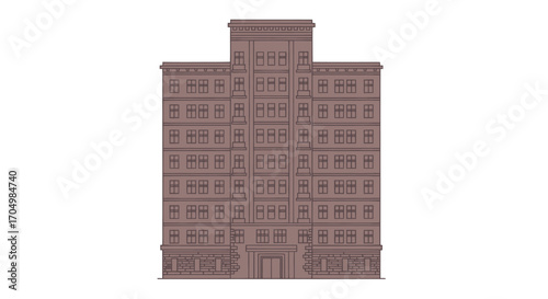 Detailed illustration of a classic brown apartment building with multiple floors.