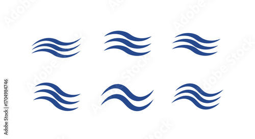 Set of six blue abstract water wave icons isolated on white.