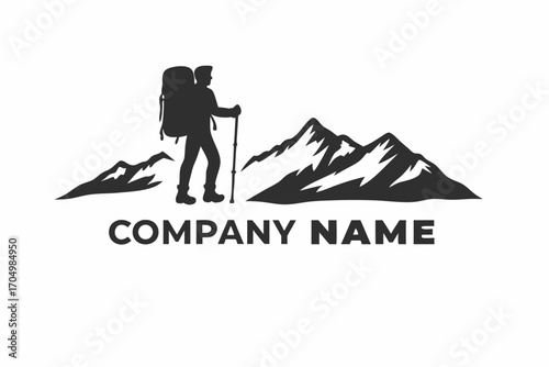 Hiker silhouette with backpack and trekking pole walks mountain route, in round black badge